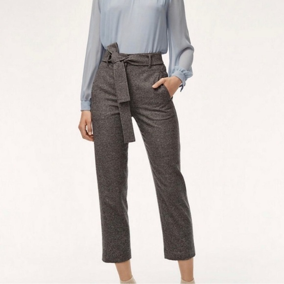 Aritzia Wilfred Jallade Wool Blend Gray Tweed Tie Belt Straight Leg Trousers 2 - Picture 1 of 16